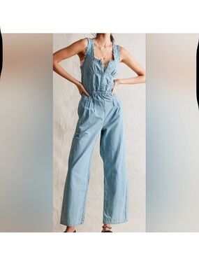 We The Free Light Blue Denim Wide-Leg Overalls